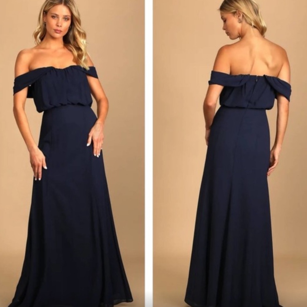 Lulu's Enduring Love Navy Blue Off-the-Shoulder Maxi Dress